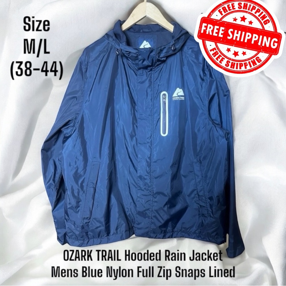 OZARK TRAIL Hooded Rain Jacket Mens M/L (38-44) Blue Nylon Full Zip Snaps Lined